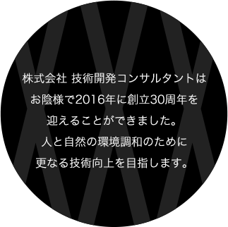 株式会社 技術開発コンサルタントはお陰様で2016年に創立30周年を迎えることができました。人と自然の環境調和のために更なる技術向上を目指します。